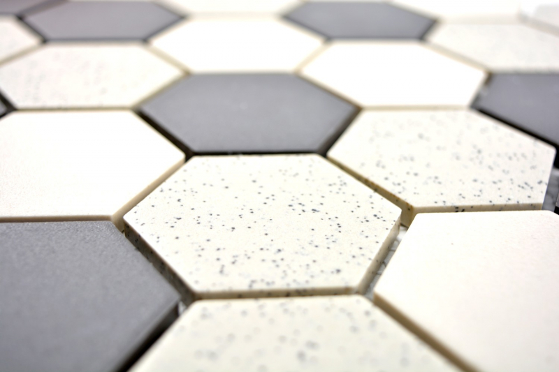 Piastrella di mosaico in ceramica beige nero Hexagaon non smaltata MOS11G-0113-R10_f