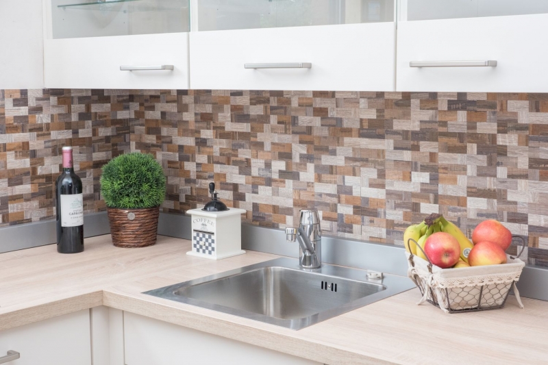 piastrella di mosaico autoadesiva ALU grigio beige metallo effetto legno backsplash MOS200-2322