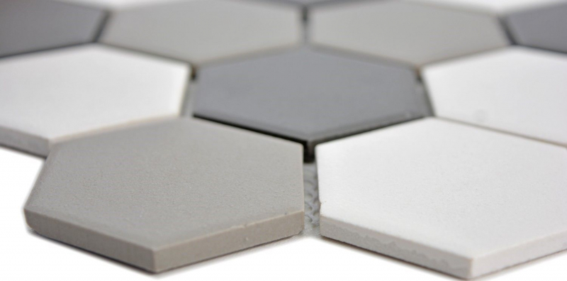 Piastrella di mosaico in ceramica esagonale bianco grigio nero non smaltato MOS11B-0123-R10_f