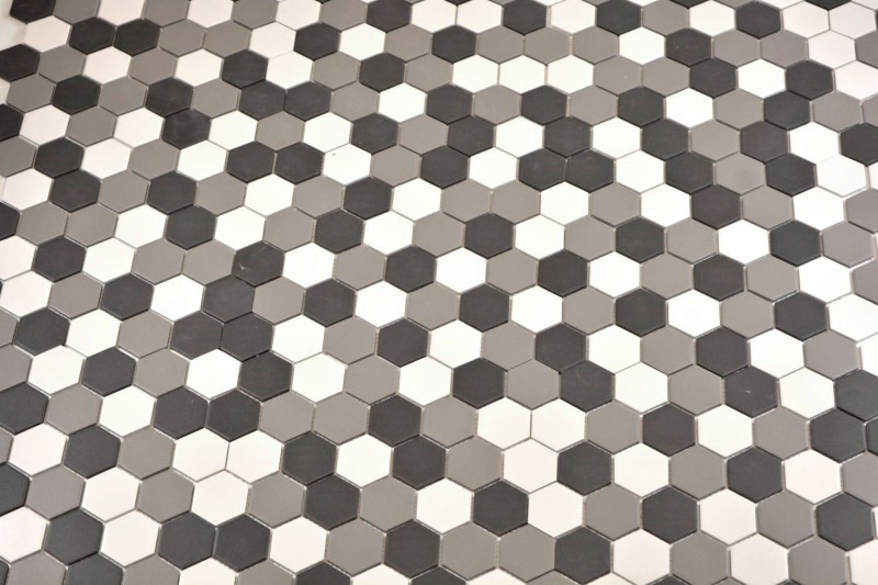 Piastrella di mosaico esagonale in ceramica bianca grigia nera non smaltata antiscivolo piastrella backsplash bagno - MOS11B-0123-R10