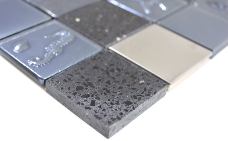 Mosaico di vetro tessere di mosaico pietra artificiale acciaio rilievo nero antracite grafite piastrelle backsplash cucina bagno MOS88-2717