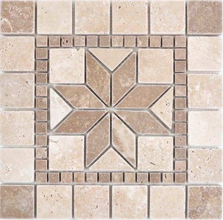 Pietra naturale intarsio decoro beige crema noce marrone travertino mosaico piastrelle parete pavimento cucina bagno sauna - MOSDEKO69