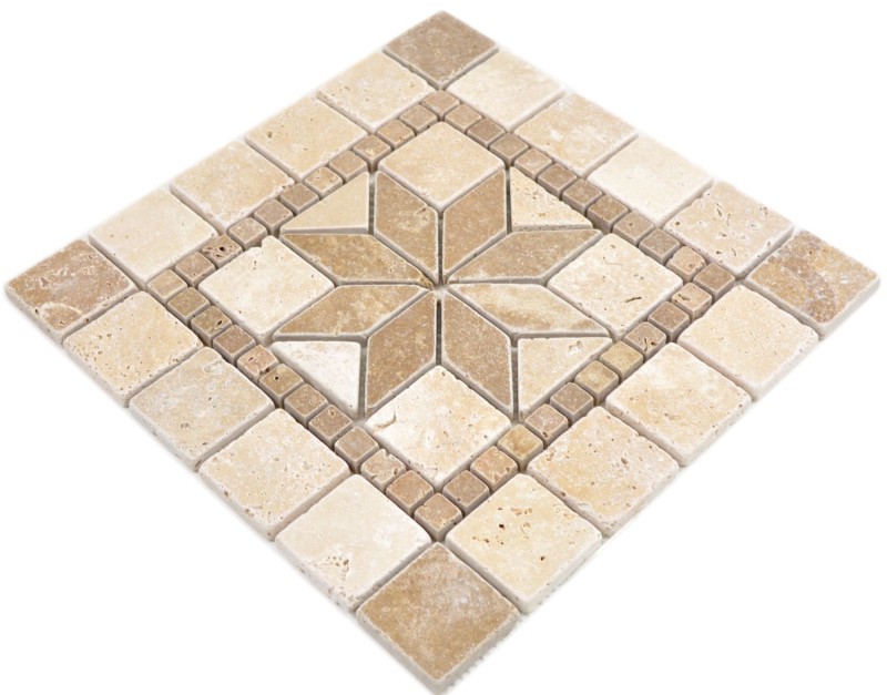 Pietra naturale intarsio decoro beige crema noce marrone travertino mosaico piastrelle parete pavimento cucina bagno sauna - MOSDEKO69