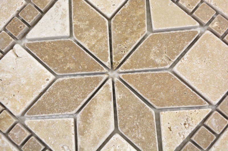 Pietra naturale intarsio decoro beige crema noce marrone travertino mosaico piastrelle parete pavimento cucina bagno sauna - MOSDEKO69