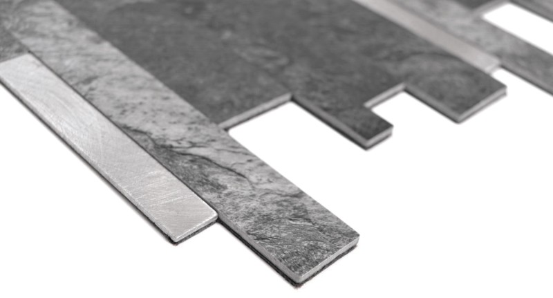 Mosaico vinilico autoadesivo a bastoncini aspetto pietra quarzo antracite argento piastrelle backsplash parete cucina MOS200-32BS