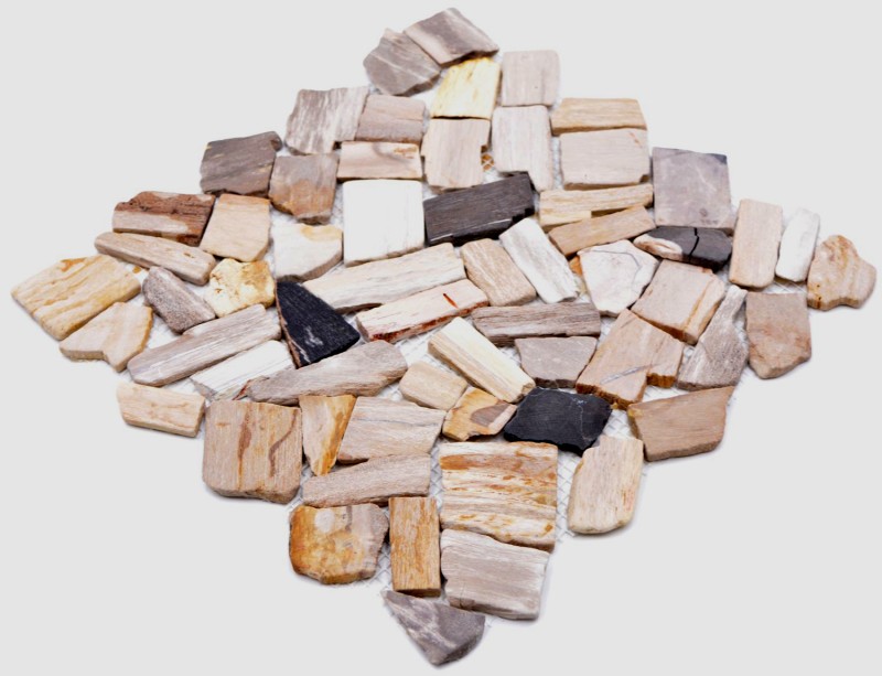 Mosaico di cava Mosaico di pietra naturale fossile Tappetino di mosaico poligonale Legno Piatto doccia effetto legno Parete della cucina Rivestimento in piastrelle - MOS44-Fossil