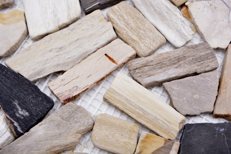Mosaico di cava Mosaico di pietra naturale fossile Tappetino di mosaico poligonale Legno Piatto doccia effetto legno Parete della cucina Rivestimento in piastrelle - MOS44-Fossil