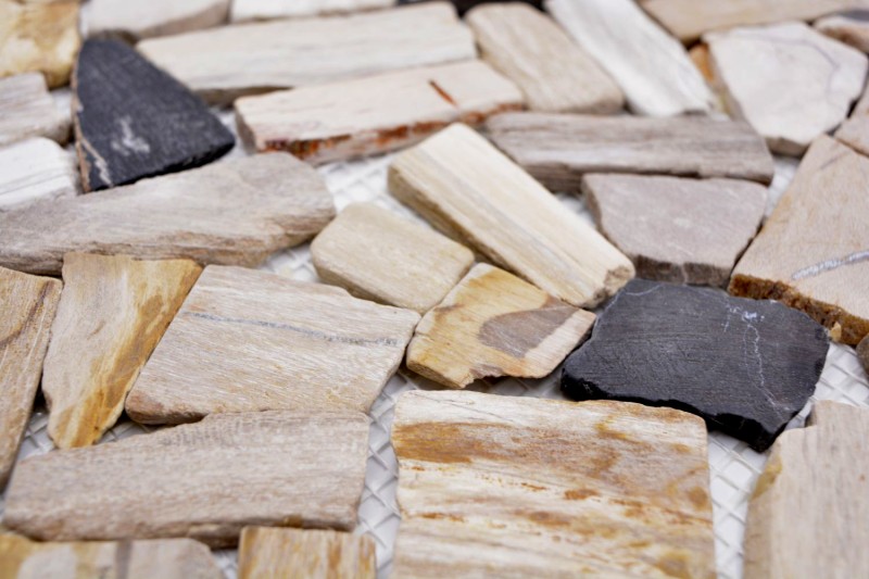 Mosaico di cava Mosaico di pietra naturale fossile Tappetino di mosaico poligonale Legno Piatto doccia effetto legno Parete della cucina Rivestimento in piastrelle - MOS44-Fossil
