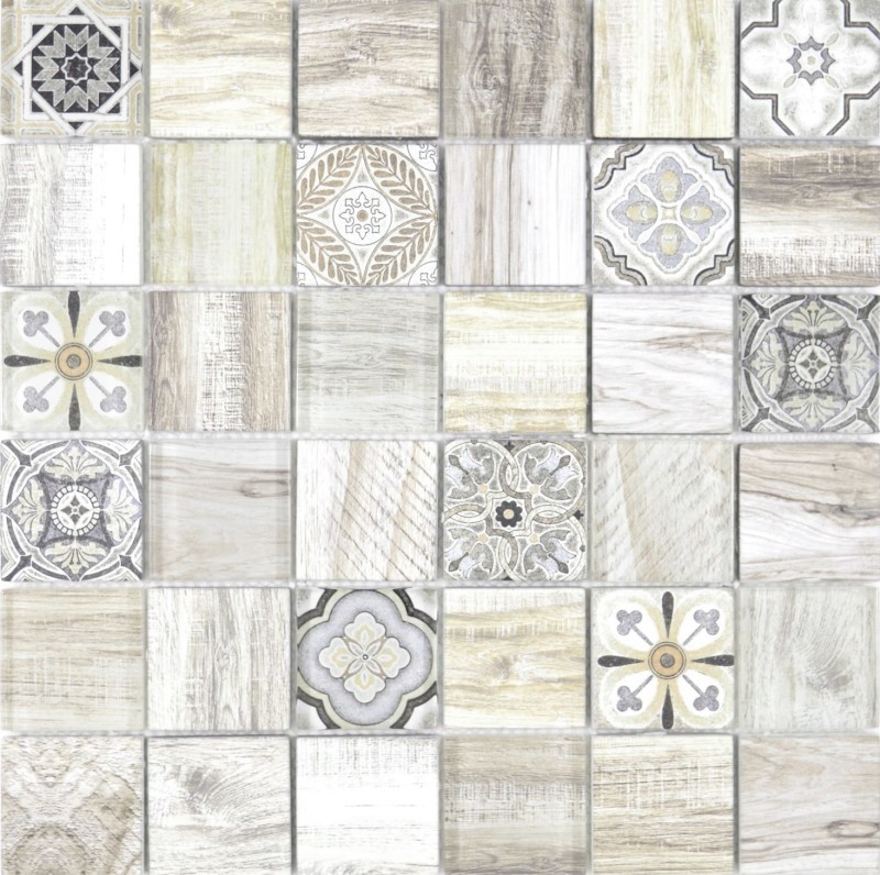 Piastrella di mosaico patchwork crema marrone piastrella di mosaico muro piastrella specchio legno aspetto bagno MOS160-w100