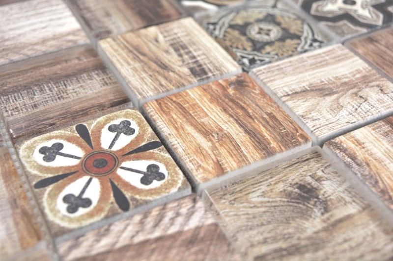 Piastrella a mosaico patchwork marrone beige marrone effetto legno per cucina MOS160-w200