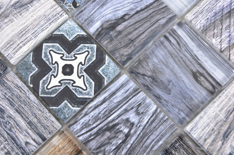 Piastrella a mosaico patchwork blu grigio effetto legno MOS160-w400