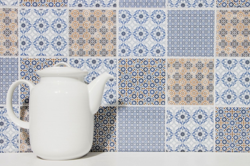 Mosaico vintage dipinto a mano in ceramica bianco blu arancione grigio MOS22B-1404_m