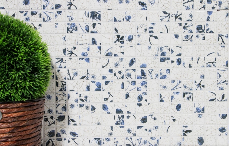 Piastrella di mosaico decorata a mano in ceramica retro vintage bianco blu fiore per cucina MOS18D-1404_m