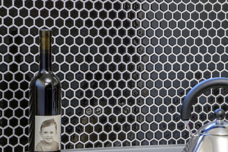 Modello a mano mosaico piastrelle ceramica esagono nero lucido parete piastrelle bagno MOS11A-0302_m