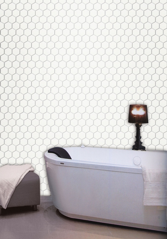 Piastrella di mosaico decorata a mano in ceramica esagonale bianca lucida per cucina MOS11B-0102_m