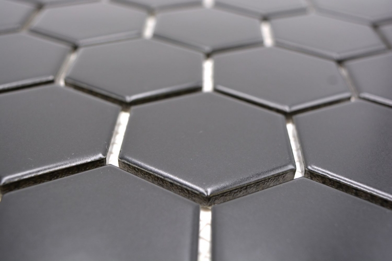 Piastrella di mosaico dipinta a mano in ceramica esagonale nera opaca per doccia MOS11B-0311_m