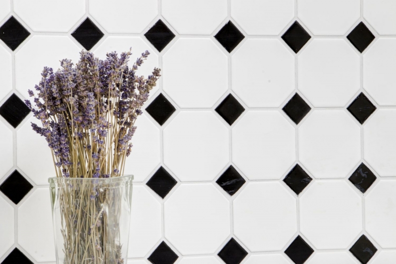 Piastrella di mosaico dipinta a mano in ceramica ottagonale bianca opaca nera lucida piastrella da parete per bagno MOSOcta-190_m