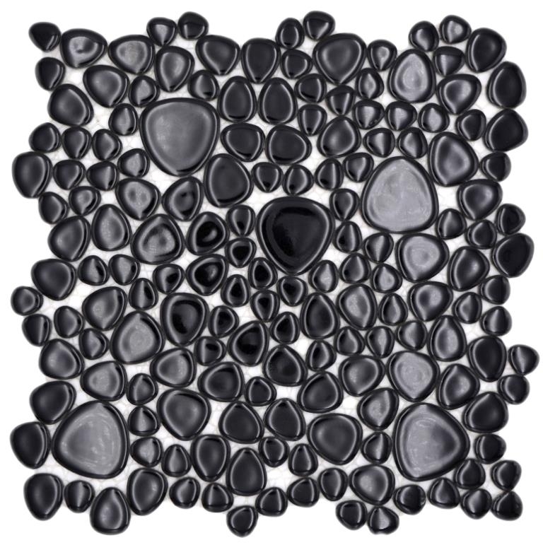 Mosaico di ciottoli dipinti a mano Ciottoli in ceramica con macchie nere Piastrelle per piatti doccia MOS12-0302_m