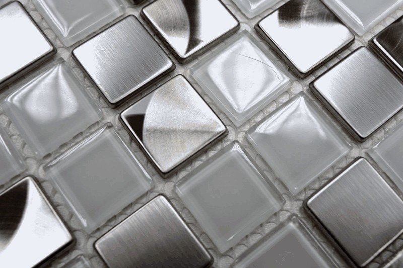 Piastrella di mosaico dipinta a mano Acciaio inox traslucido Mosaico di vetro Acciaio cristallo bianco chiaro MOS129-0104_m