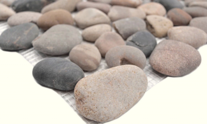MOS30-1204_m: piastrella a mosaico con motivo a mano, ciottolo di fiume, ciottolo nero, ciottolo arcuato, beige, grigio, nero