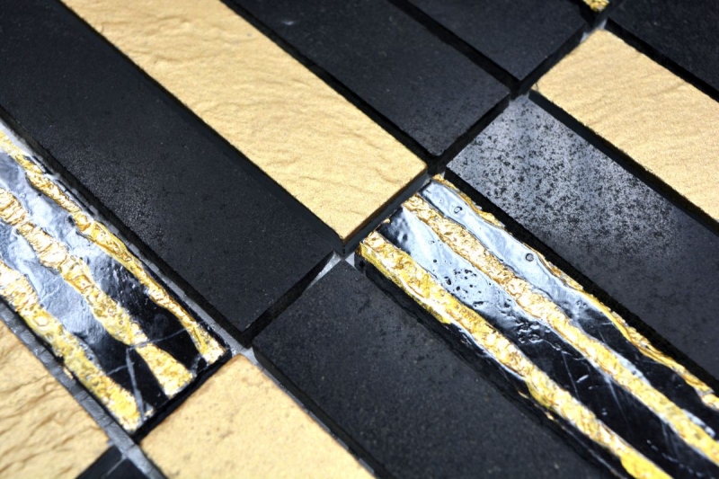 Piastrella di mosaico decorata a mano in marmo pietra naturale rettangolo pietra intagliata oro nero MOS40-STN79_m