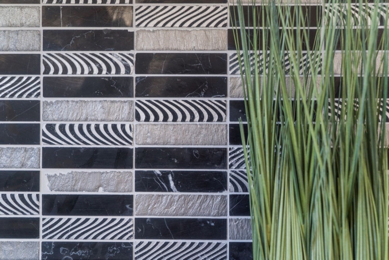 Piastrella di mosaico decorata a mano in marmo pietra naturale rettangolo in pietra argento nero MOS40-STN89_m