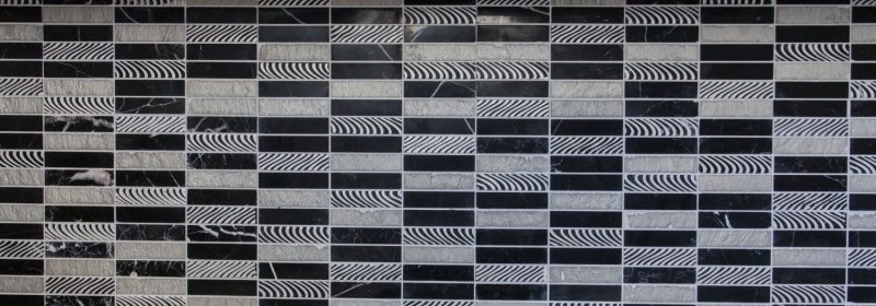 Piastrella di mosaico decorata a mano in marmo pietra naturale rettangolo in pietra argento nero MOS40-STN89_m