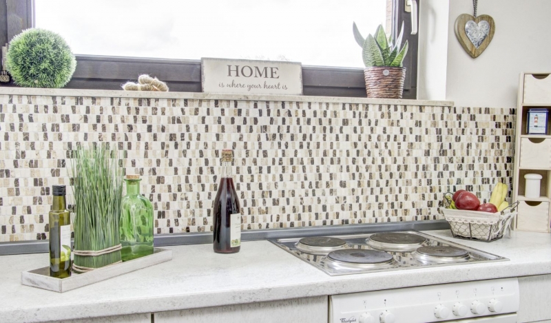 Piastrella di mosaico modellata a mano marmo pietra naturale tondini beige Tappeto Crema Marfil Dark Emperador levigato MOSSopo-M10-VH21_m