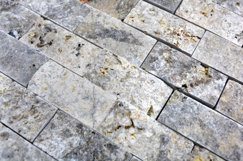 Campione a mano mosaico muro di pietra Travertino pietra naturale bianco grigio Mattone Splitface argento Travertino 3D MOS43-47248_m