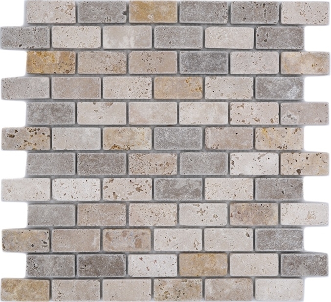 Campione a mano piastrella di mosaico travertino pietra naturale beige marrone Mattone travertino burattato MOS43-46474_m