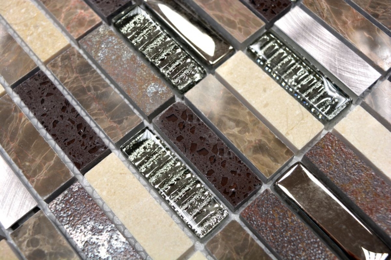 Piastrella di mosaico dipinta a mano Composito traslucido Alluminio beige marrone argento nero Rettangolo Mosaico di vetro Cristallo Pietra artificiale Alu EP beige marrone MOS87-SM48_m