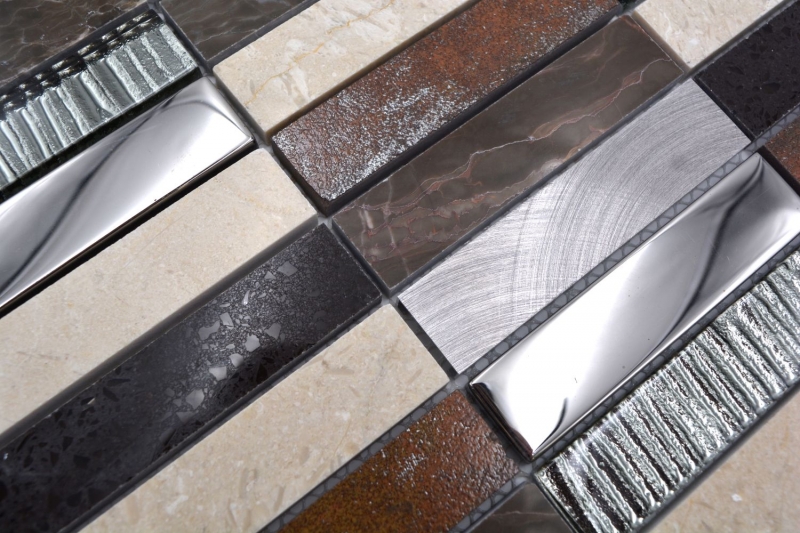 Piastrella di mosaico dipinta a mano Composito traslucido Alluminio beige marrone argento nero Rettangolo Mosaico di vetro Cristallo Pietra artificiale Alu EP beige marrone MOS87-48X_m