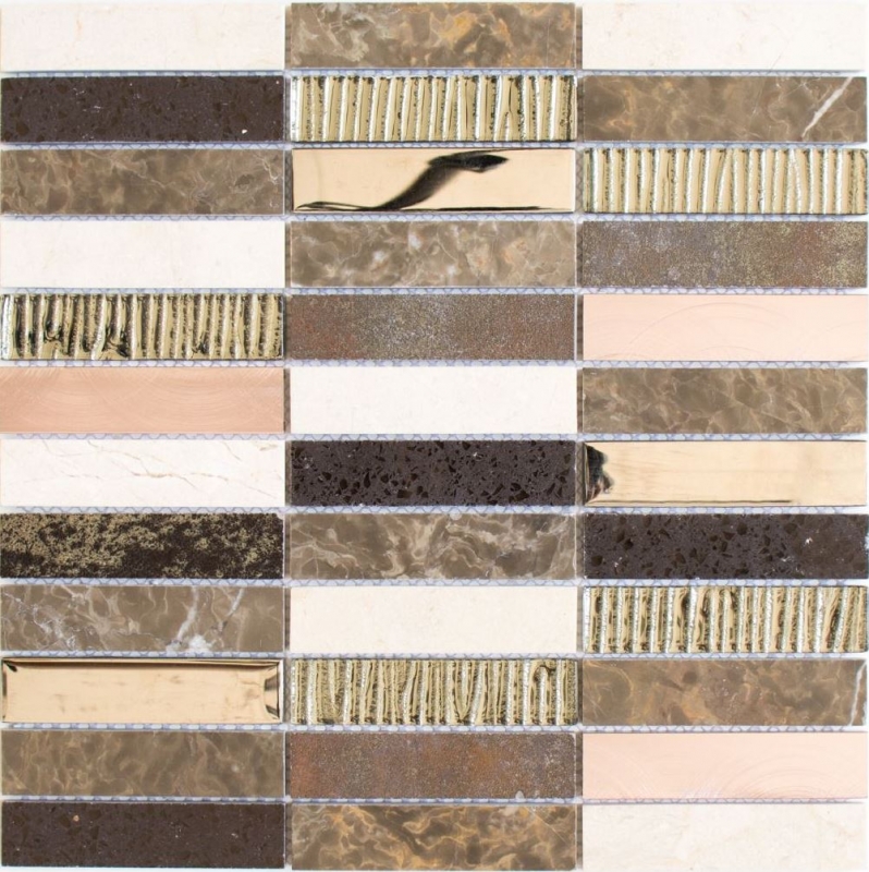Piastrella di mosaico dipinta a mano Composito traslucido Alluminio beige marrone argento nero Rettangolo Mosaico di vetro Cristallo Pietra artificiale Alu EP beige marrone MOS87-48X_m