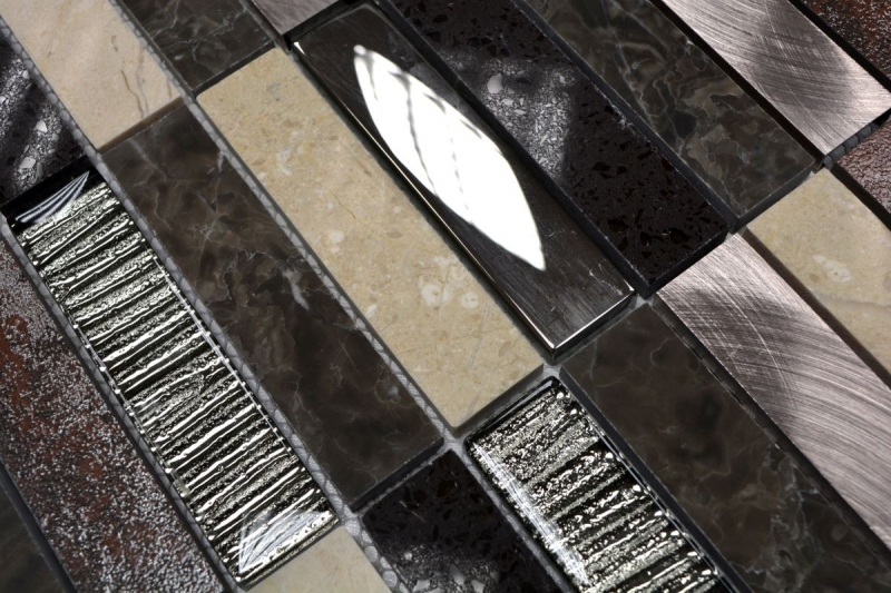 Piastrella di mosaico dipinta a mano Composito traslucido Alluminio beige marrone argento nero Rettangolo Mosaico di vetro Cristallo Pietra artificiale Alu EP beige marrone MOS87-48X_m