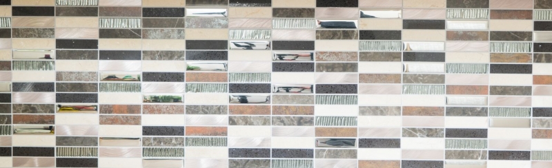 Piastrella di mosaico dipinta a mano Composito traslucido Alluminio beige marrone argento nero Rettangolo Mosaico di vetro Cristallo Pietra artificiale Alu EP beige marrone MOS87-48X_m