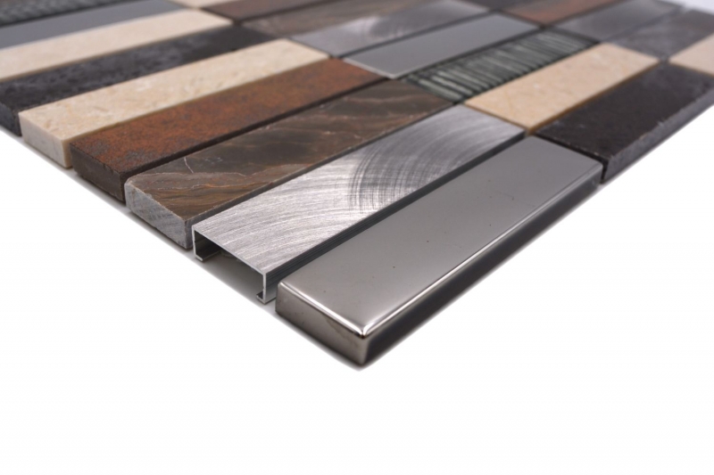 Piastrella di mosaico dipinta a mano Composito traslucido Alluminio beige marrone argento nero Rettangolo Mosaico di vetro Cristallo Pietra artificiale Alu EP beige marrone MOS87-48X_m
