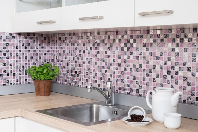 Piastrella di mosaico dipinta a mano Backsplash di piastrelle Rosa traslucido Mosaico di vetro Cristallo di resina rosa BAGNO WC Cucina PARETE MOS82-1104_m