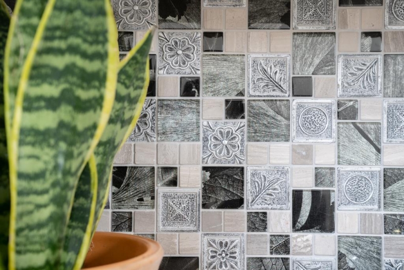 Piastrella di mosaico dipinta a mano Argento traslucido Combinazione di mosaico di vetro Cristallo Resina argento Ornamento MOS88-0280_m