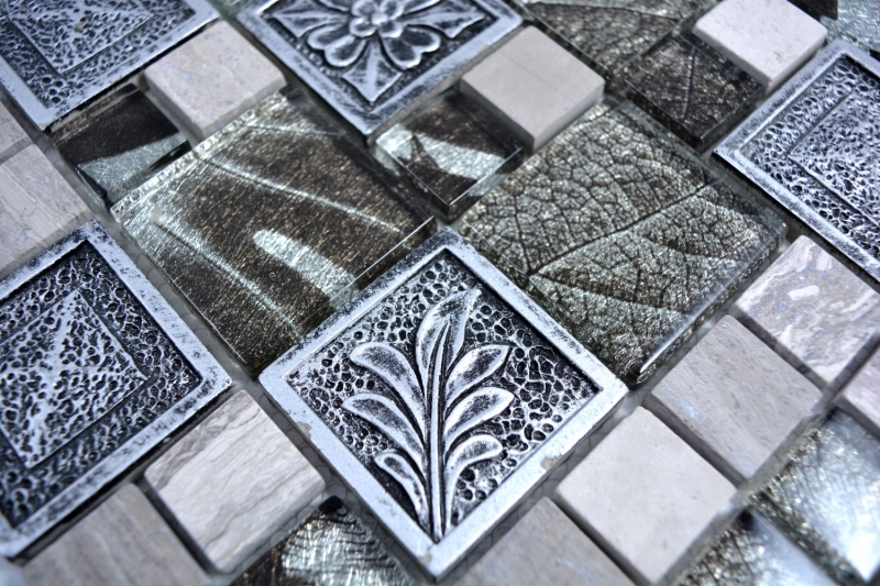 Piastrella di mosaico dipinta a mano Argento traslucido Combinazione di mosaico di vetro Cristallo Resina argento Ornamento MOS88-0280_m