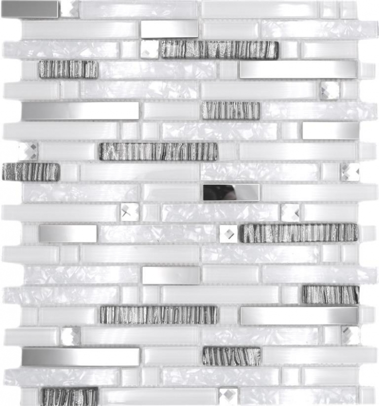 Piastrella di mosaico campione a mano traslucida in acciaio inox bianco mosaico di vetro composito Cristallo acciaio bianco vetro MOS86-0104_m