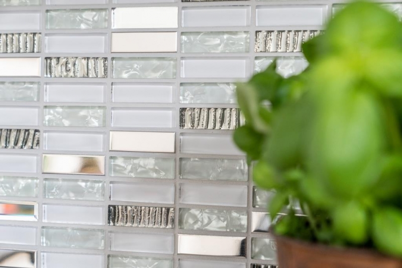 Piastrella di mosaico dipinta a mano Aste traslucide in acciaio inox bianco Mosaico di vetro Acciaio cristallo bianco MOS87-0102_m