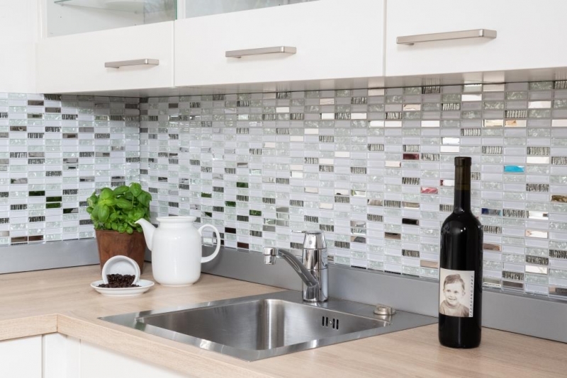 Piastrella di mosaico dipinta a mano Aste traslucide in acciaio inox bianco Mosaico di vetro Acciaio cristallo bianco MOS87-0102_m