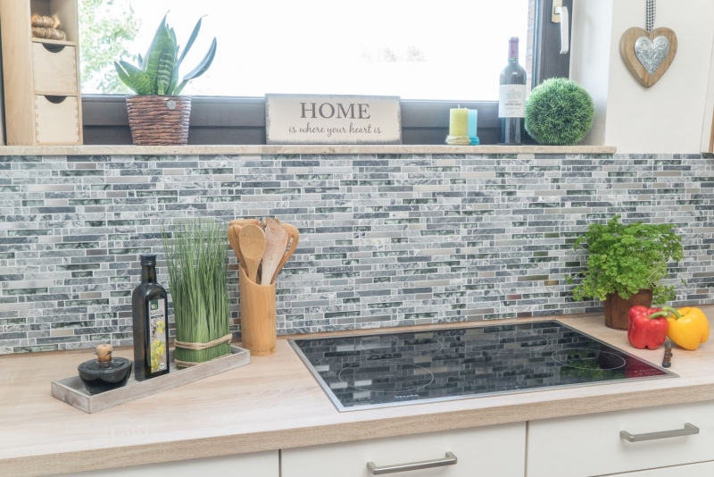 Piastrella di mosaico campione dipinta a mano Piastrella specchio traslucido acciaio inox grigio mosaico di vetro composito Pietra di cristallo acciaio grigio MOS87-MV778_m