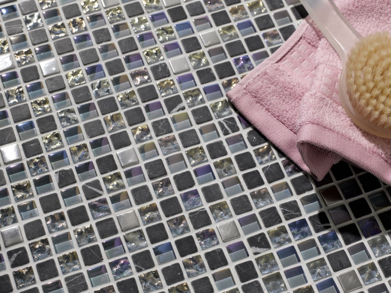 Piastrella di mosaico dipinta a mano Backsplash di piastrelle Acciaio inox traslucido grigio Mosaico di vetro Pietra di cristallo Acciaio grigio MOS92-0206_m