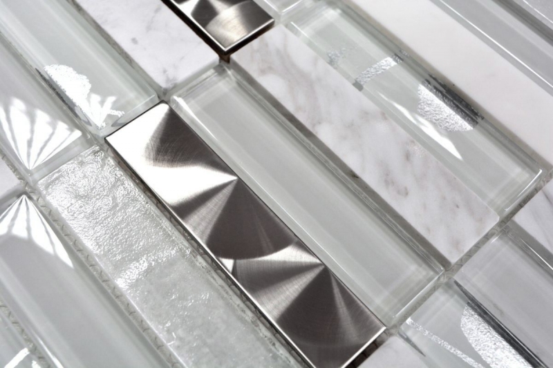 Piastrella di mosaico dipinta a mano Backsplash di piastrelle Acciaio inox traslucido bianco Mosaico di vetro rettangolare Pietra di cristallo Acciaio bianco MOS87-11X_m