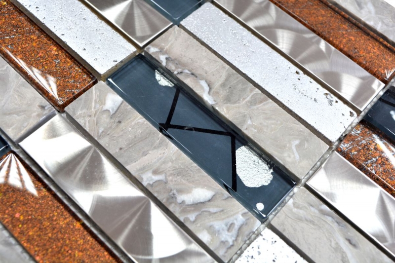 Piastrella di mosaico decorata a mano Backsplash di piastrelle Acciaio inox traslucido grigio Mosaico di vetro rettangolare Pietra di cristallo Acciaio resina grigio MOS87-24X_m