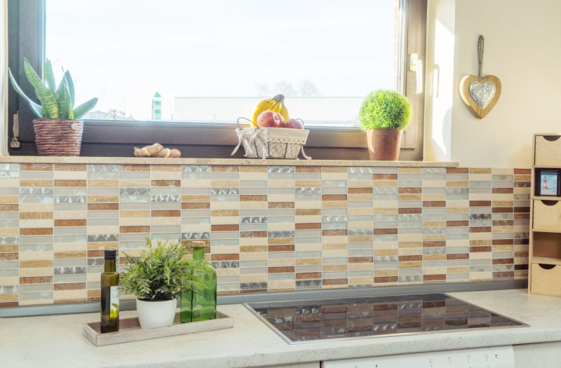 Piastrella di mosaico a mano Backsplash di piastrelle Acciaio inox traslucido beige Mosaico di vetro rettangolare Pietra di cristallo Acciaio beige MOS87-52X_m