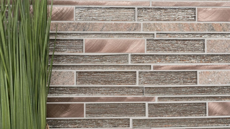 Campione a mano di mosaico Piastrella specchio traslucido alluminio beige rame mosaico di vetro composito Pietra di cristallo alluminio beige rame MOS49-GV74_m
