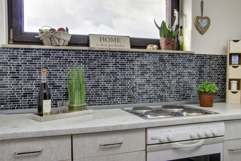Piastrella di mosaico dipinta a mano Backsplash di piastrelle Nero traslucido Mosaico di vetro composito Pietra di cristallo nera MOS87-v1328_m