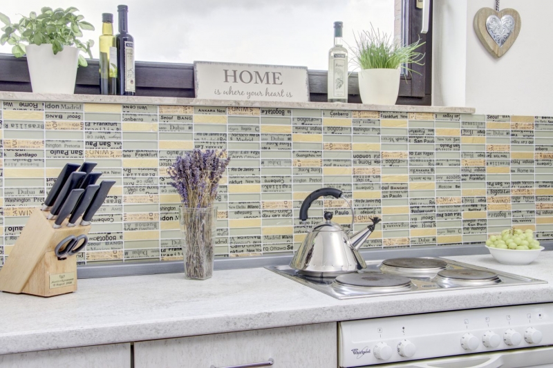Piastrella di mosaico decorata a mano Backsplash di piastrelle Oro traslucido Rettangolo Mosaico di vetro Pietra di cristallo oro MOS87-29_m